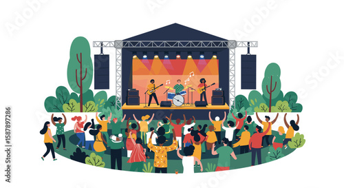 Vibrant outdoor concert with band performing on stage surrounded by enthusiastic audience