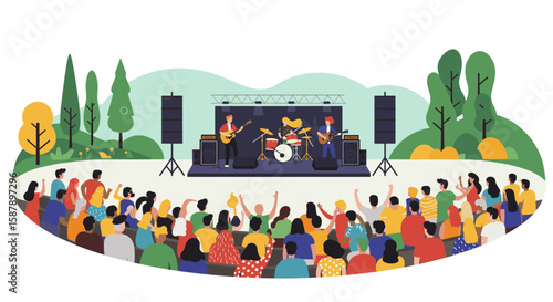 Outdoor band performance in park landscape with diverse audience enjoying live music
