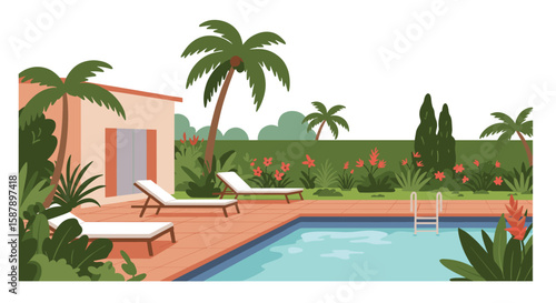 Tropical backyard poolside retreat with palm trees and loungers