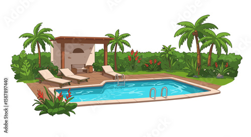Relaxing tropical poolside oasis with palm trees and lounge chairs