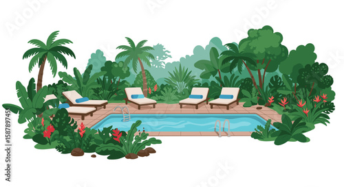 Tropical pool oasis with lush greenery and sun loungers in flat style