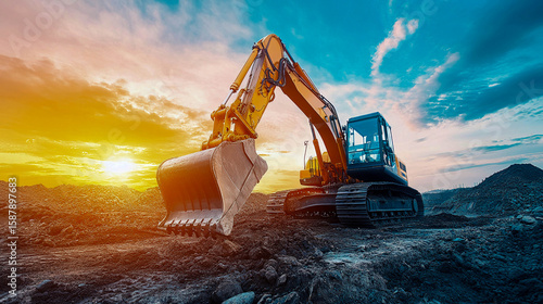 An excavator working on a construction site against the backdrop of a beautiful sunset. The excavator is standing on the ground and is used for earthworks or material transportation.