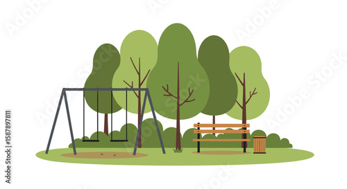 Playground with swings and bench in a green park setting