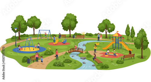 Colorful flat design of families enjoying activities in a lush park setting