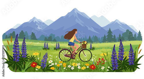 Woman cycling in scenic mountain meadow with wildflowers