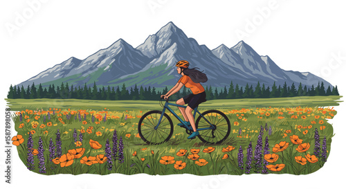 Mountain adventure: woman cycling through blooming field with majestic peaks