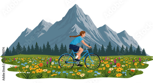 Cyclist enjoying mountain scenery in vibrant alpine meadow illustration