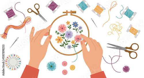 Hand embroidery crafting with colorful threads and floral patterns