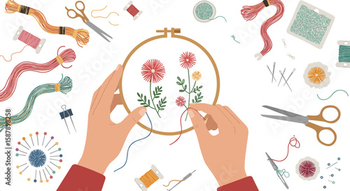 Creative embroidery craft supplies hand sewing project with floral hoop art