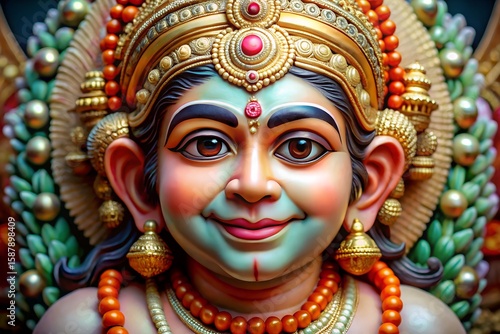 Close up portrait of a richly adorned deity with intricate golden headdress and jewelry