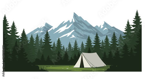 Scenic mountain camping with evergreen forest and tent in nature landscape