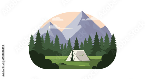 Peaceful tent camping in scenic mountain landscape with pine forest
