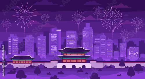 Cityscape with fireworks over traditional korean architecture at night