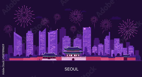 Nighttime seoul skyline with fireworks display in vibrant purple tones