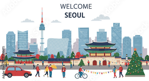 Seoul cityscape: festive atmosphere with urban skyline and traditional landmarks