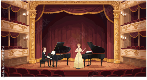 Elegant opera performance in grand theater with piano duo and classical singer