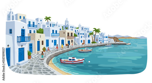 Charming greek island village with iconic white buildings by the sea