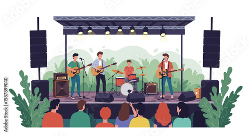 Live band performance on outdoor stage with enthusiastic crowd