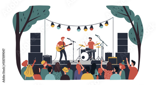 Outdoor music festival with live band and enthusiastic audience in flat design