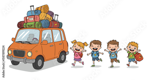 Fun road trip adventure with kids and luggage on car