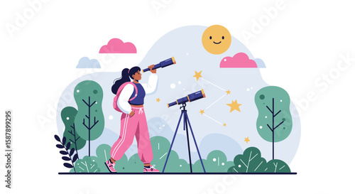 Flat design astronomer observing stars with telescope in a whimsical nature setting