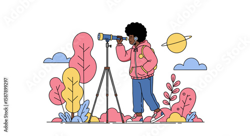 Colorful character stargazing with telescope in nature cartoon style