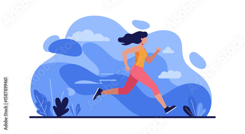 Woman running in nature with abstract blue background
