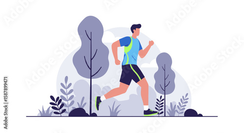 Outdoor running: man jogging in nature surrounded by trees and plants