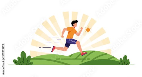 Dynamic runner in nature with sunburst background