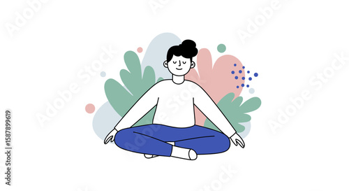 Calm meditation pose with abstract background in flat style