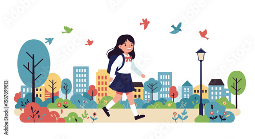 Cheerful schoolgirl walking in park with birds and cityscape background