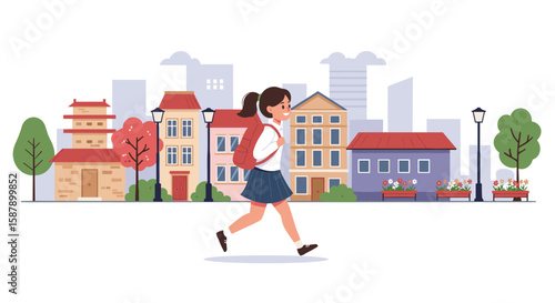Cheerful schoolgirl walking in urban neighborhood with colorful houses and trees
