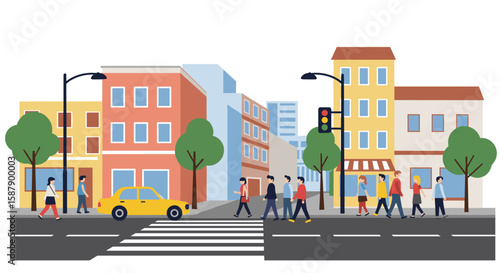 Flat urban street scene with pedestrians crossing at traffic lights