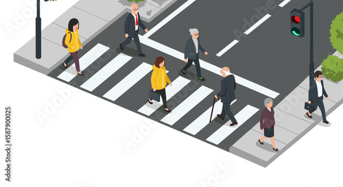 Isometric urban crosswalk scene with pedestrians and traffic lights in city environment