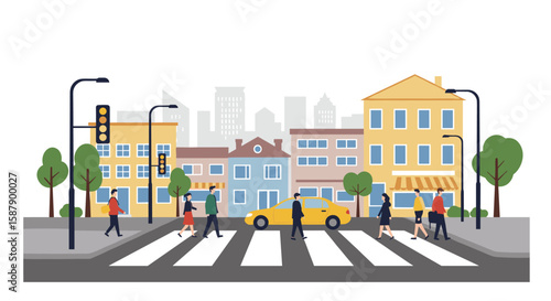 City crosswalk with people and yellow taxi in flat style urban landscape