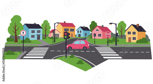 Colorful suburban neighborhood with traffic lights and crosswalks