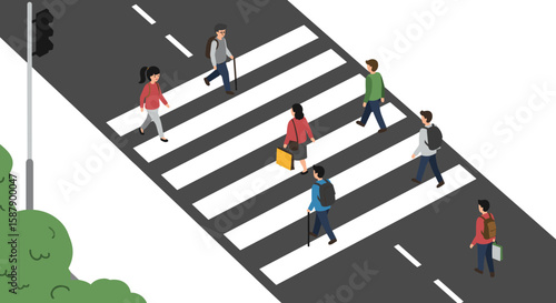 Isometric pedestrian crosswalk with diverse people walking on city street