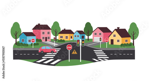 Colorful suburban neighborhood with traffic signs and pedestrian crosswalks