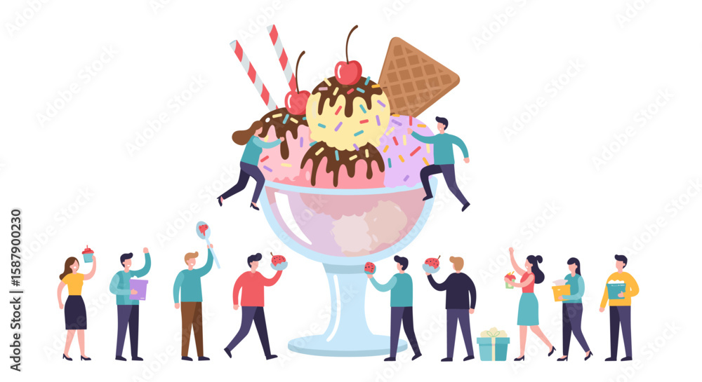 Giant ice cream sundae with people celebrating in a festival scene Giant ice cream sundae with people celebrating in a festival scene