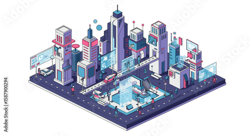 Isometric smart city: futuristic urban landscape with digital technology and high-tech buildings