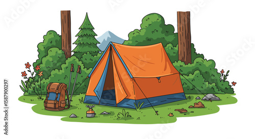 Camping scene with orange tent in forest setting