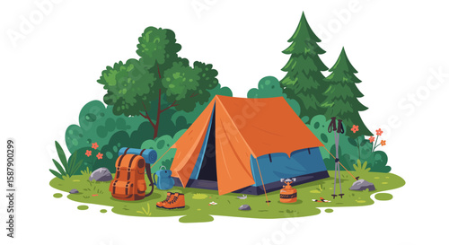 Camping adventure: tent and gear in lush green forest