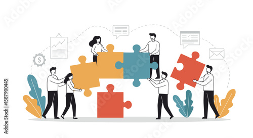 Collaborative teamwork concept showing people connecting colorful puzzle pieces