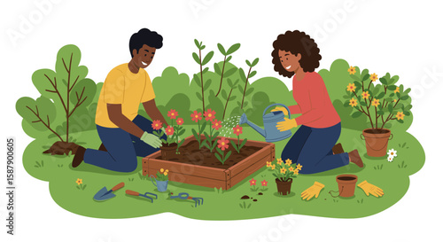 Couple gardening together in a lush green backyard setting