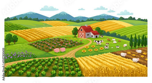 Vibrant countryside farm with animals and crops in cartoon style