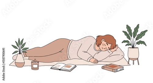 Cozy relaxation scene with woman resting and books in minimalist style