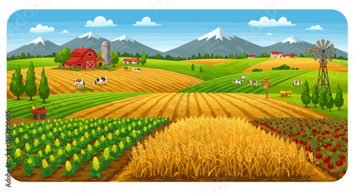 Scenic rural landscape with farm, cows, and crops under clear blue sky
