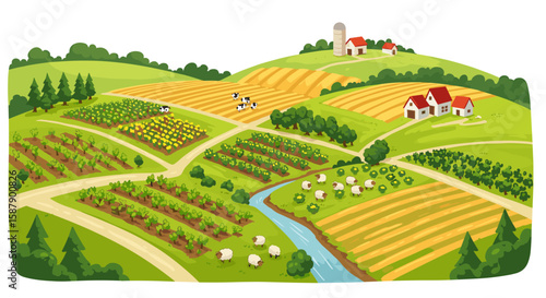 Vibrant countryside landscape with farm, fields, and animals