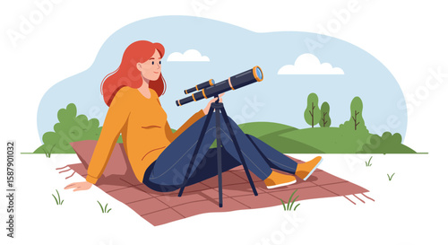 Woman stargazing through telescope in peaceful nature scene