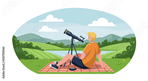 Stargazing adventure in nature with a telescope on a scenic hilltop